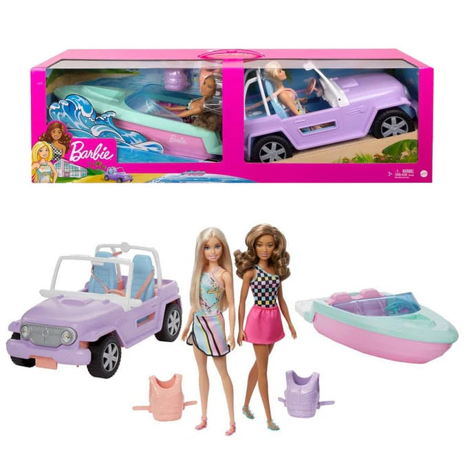 BARBIE Pack Fuoristrada + Motoscafo + Bambole
