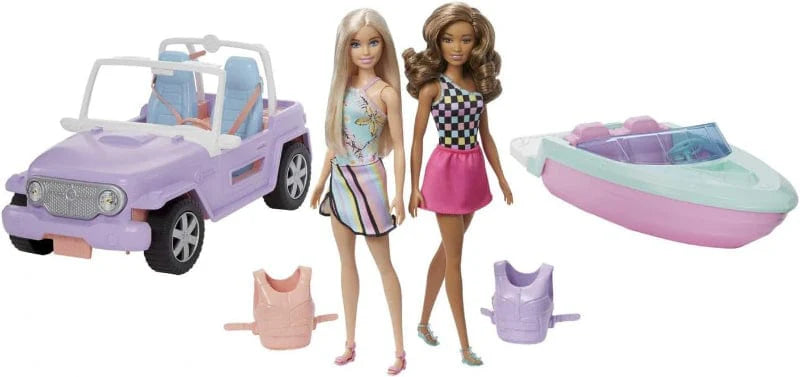 BARBIE Pack Fuoristrada + Motoscafo + Bambole